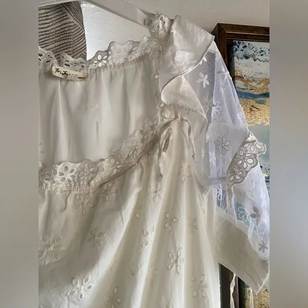 For Love And Lemons Hermosa Eyelet Mini Dress Tunic Beige Sz Small Tulle Sleeve - Picture 7 of 15